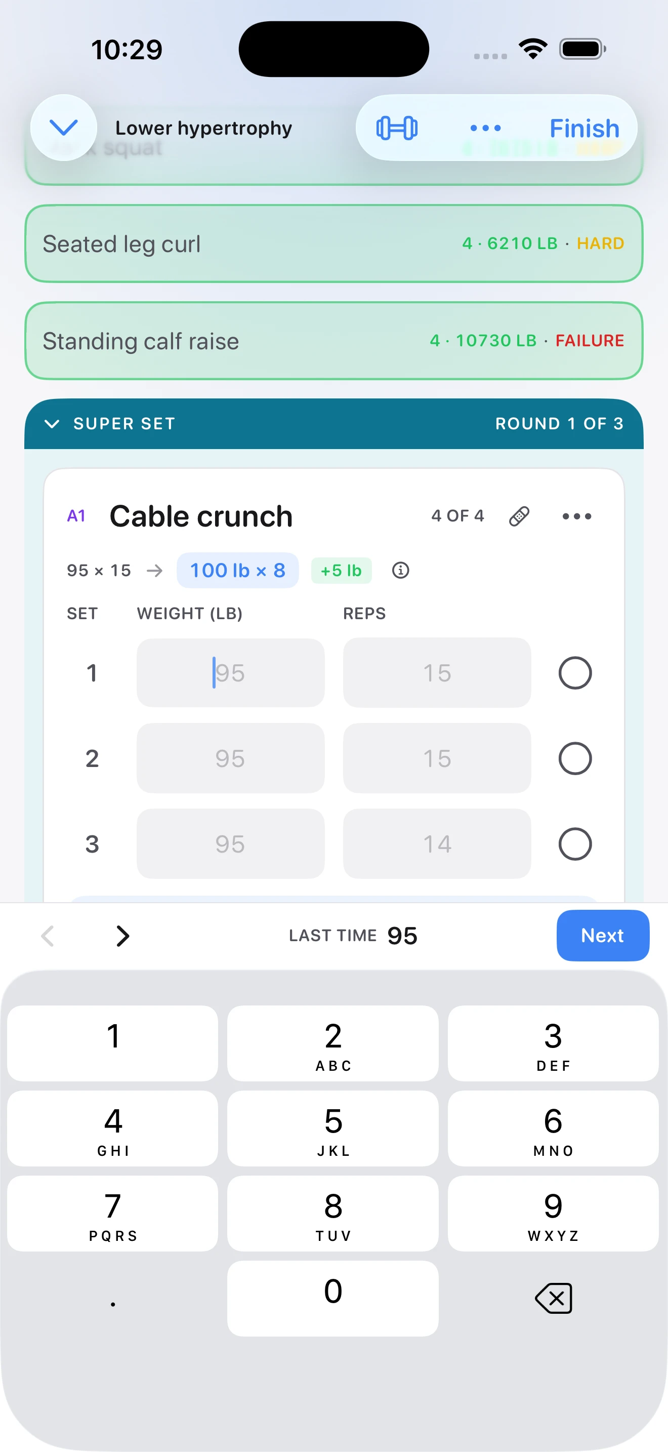 NovaZero workout logger showing exercises and set entries during a session