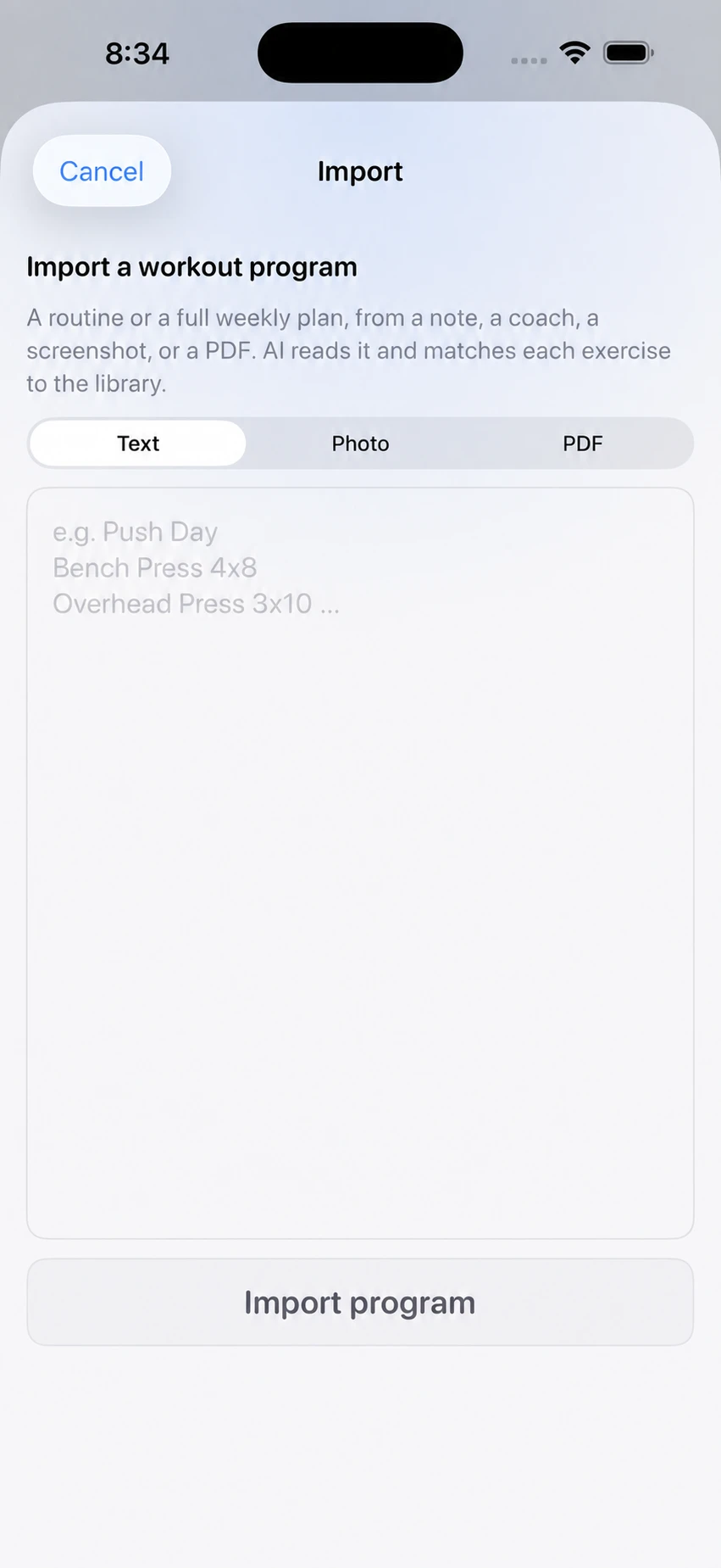 NovaZero program importer with Text, Photo, and PDF options for importing a routine or weekly training plan
