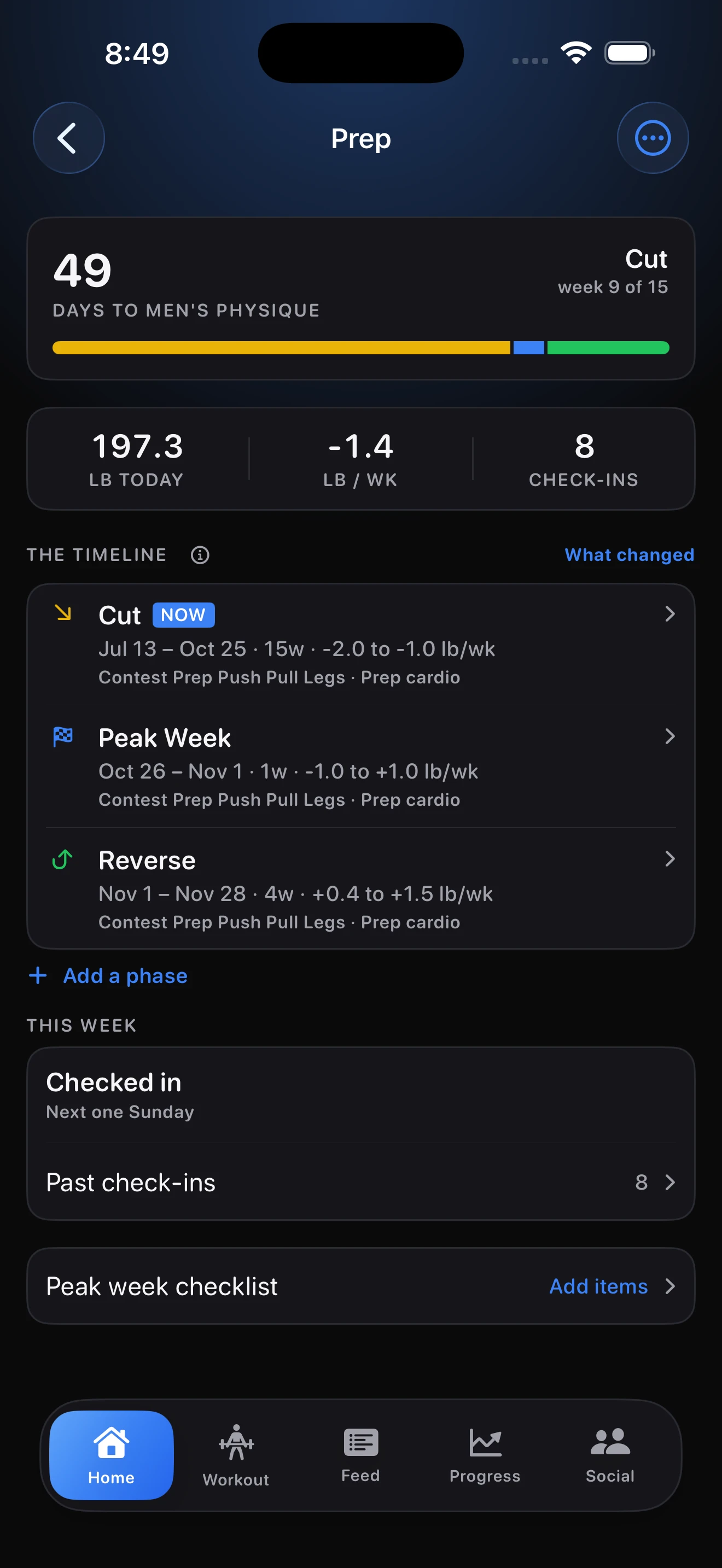 NovaZero Pro Prep overview showing 49 days to Men's Physique, the Cut phase, upcoming Peak Week and Reverse phases, weight progress, and check-ins.